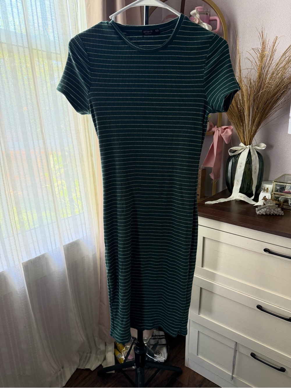 Cotton On Green and White Striped Midi Dress